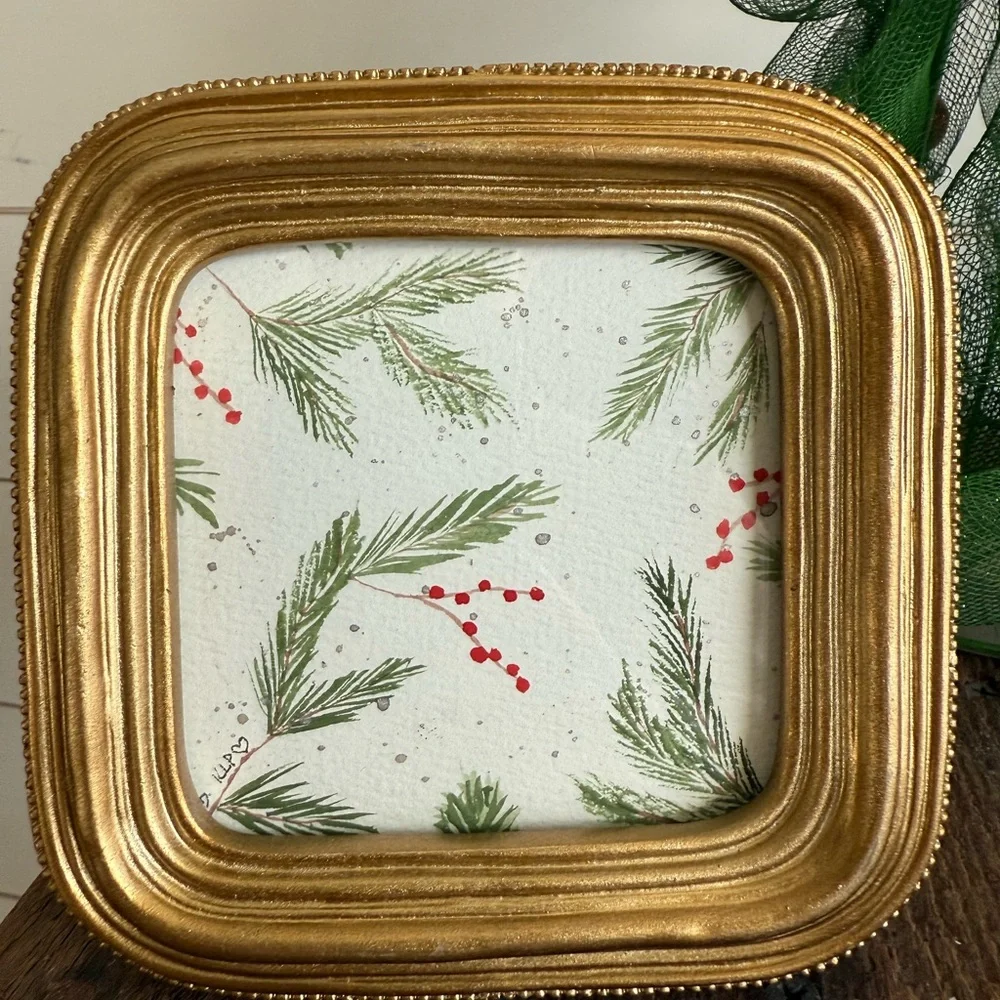 Festive watercolor original in 4x4 gold frame - Picture 3 of 5